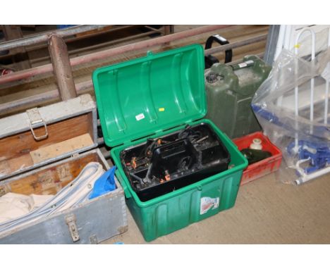A plastic box and contents of various hand tools, clamps etc