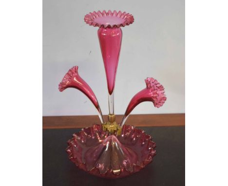 Victorian cranberry glass epergne, 40cm high   