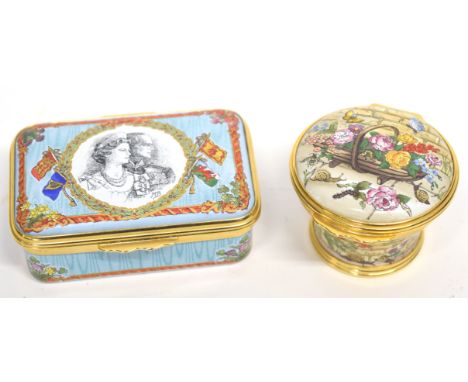 Two Halcyon Days enamel boxes in original packaging, one with a quotation from Voltaire, the second rectangular box to commem