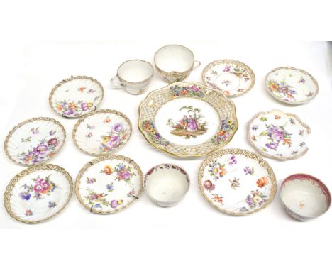 Group of Continental porcelain cups and saucers together with a pierced plate decorated in Meissen style with a pastoral scen