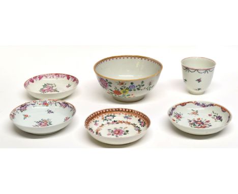 Collection of 18th century Chinese porcelain ceramics all with enamel decoration primarily in famille rose, comprising a beak