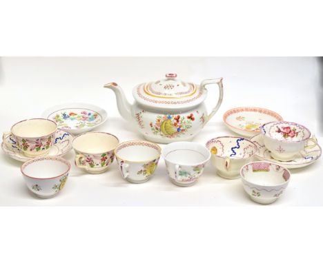 Group of English porcelain wares comprising a early 19th century New Hall tea pot and cover, together with a further New Hall