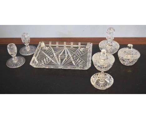 Cut glass bedroom set comprising tray, two small candlesticks, ring tray and two further bottles with stoppers (7)   