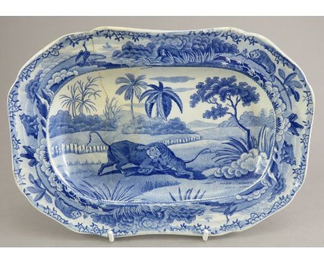 An early nineteenth century blue and white transfer-printed Spode Indian Sporting series platter, c.1810. It is marked to the