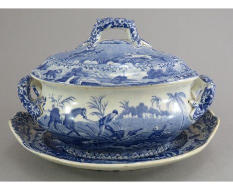 An early nineteenth century blue and white transfer-printed Spode Indian Sporting series sauce tureen, cover and stand c.1810