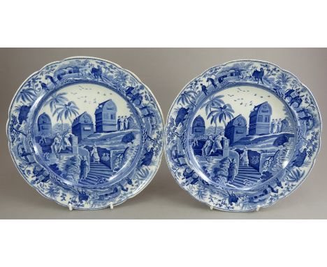 A pair of early nineteenth century blue and white transfer-printed Spode Caramanian series dinner plates, c.1810. They are ma