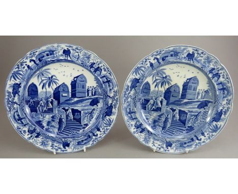 A pair of early nineteenth century blue and white transfer-printed Spode Caramanian series dinner plates, c.1810. They are ma