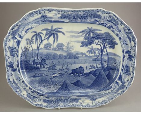 An early nineteenth century blue and white transfer-printed Spode Indian Sporting series platter, c.1810. It is marked to the