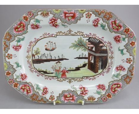 An early nineteenth century transfer-printed Spode Stone China Ship Border platter, c.1820. It is decorated as pattern # 3067