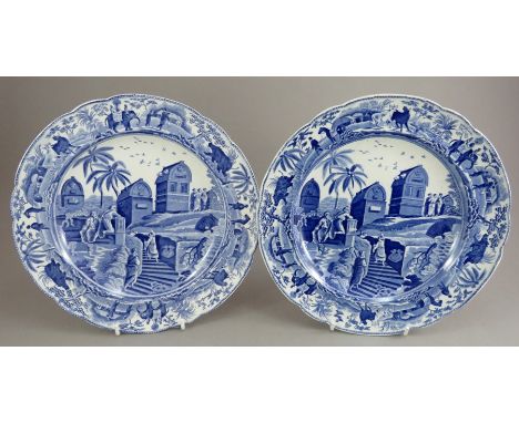 A pair of early nineteenth century blue and white transfer-printed Spode Caramanian series dinner plates, c.1810. They are ma