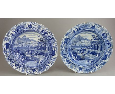 A pair of early nineteenth century blue and white transfer-printed Spode Caramanian series soup dishes, c.1810. They are mark