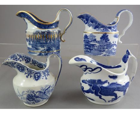 A group of early nineteenth century blue and white transfer-printed Spode creamers, c.1800-20. Comprising of: a Trophies Etru