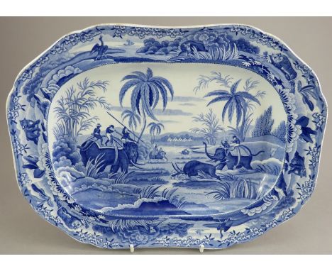 An early nineteenth century blue and white transfer-printed Spode Indian Sporting series platter, c.1810. It is marked to the