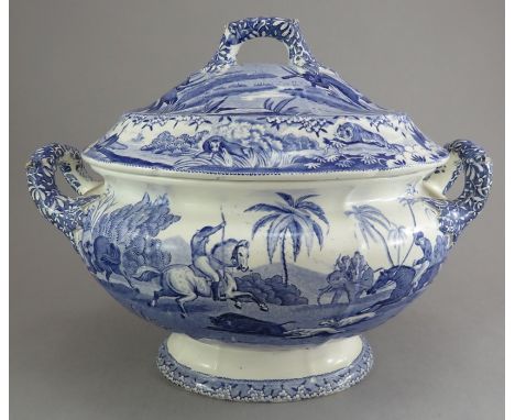 An early nineteenth century blue and white transfer-printed Spode Indian Sporting series soup tureen of small proportions, c.