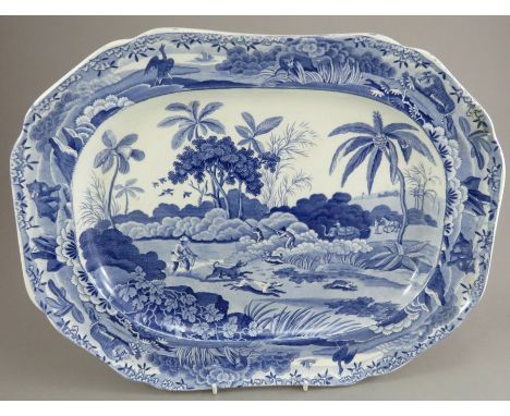 An early nineteenth century blue and white transfer-printed Spode Indian Sporting series platter, c.1810. It is marked to the