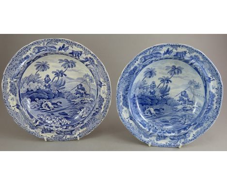 Two early nineteenth century blue and white transfer-printed Spode Indian Sporting series soup dishes, c.1810. They are marke