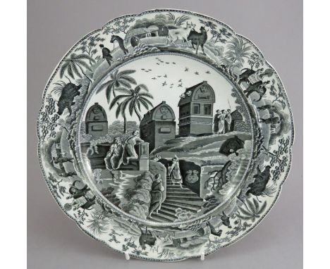 An early nineteenth century black and white transfer-printed Spode Caramanian series dinner plate, c.1810. It is marked to th