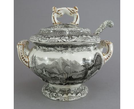 An early nineteenth century black/grey and white transfer-printed Copeland and Garrett Byron's Views series sauce tureen, cov