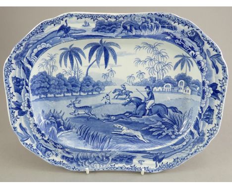 An early nineteenth century blue and white transfer-printed Spode Indian Sporting series platter, c.1810. It is marked to the