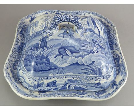 An early nineteenth century blue and white transfer-printed Spode Indian Sporting series vegetable tureen and cover, c.1810. 