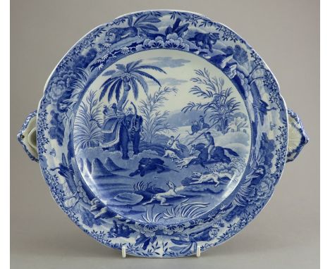 An early nineteenth century blue and white transfer-printed Spode Indian Sporting series hot-water plate, c.1810. It is marke