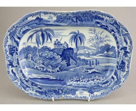 An early nineteenth century blue and white transfer-printed Spode Indian Sporting series platter, c.1810. It is marked to the