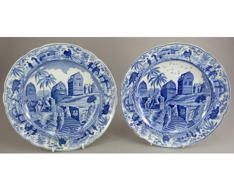 A pair of early nineteenth century blue and white transfer-printed Spode Caramanian series dinner plates, c.1810. They are ma