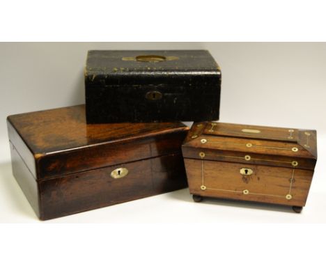 A Victorian rosewood sarcophagus tea caddy c.1860; a 19th century rosewood box; a 19th century Moroccan leather box (3) 