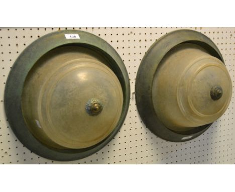 A pair frosted glass and verdigris metal circular ceiling light and shades, trailed spiral body (2)