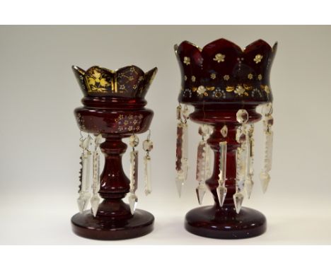 A Victorian ruby glass lustre, painted with flowerheads, clear glass droppers, c.1870;  another, smaller (2)