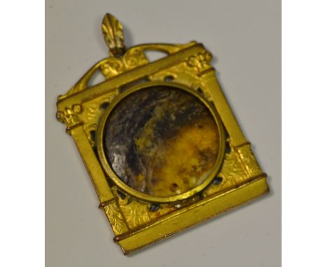 A 19th Derbyshire Blue John mounted gilt metal pendant, architectural setting, c.1880