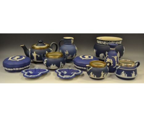 Jasperware - Wedgwood and Adams including teapot, sucrier, milk, vases, trinket dishes etc.