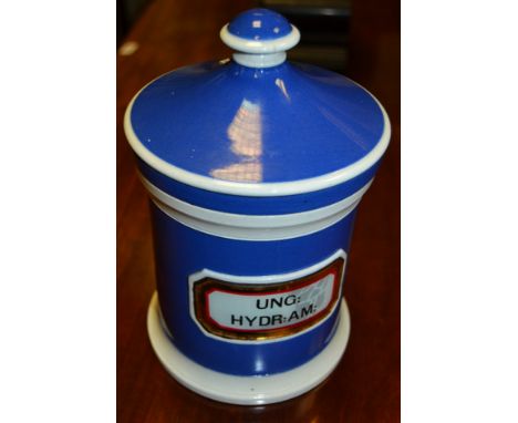 A 19th century ceramic apothecary jar, lozenge shaped cartouche UNG: HYDR:AM: 