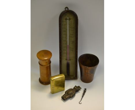 A Mauchline ware bodkin case, transfer printed with a named view of The Pier, Worthing; a silver coloured metal novelty rattl