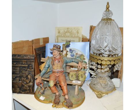 A Capo-di-Monte porcelain group, The Tramp by Volta; a set of 4 plaques by Robert Olley; a gilt metal mounted glass lamp