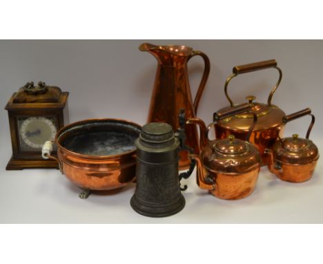 A Mercer mantel clock; a Victorian copper kettle; etc (8) 