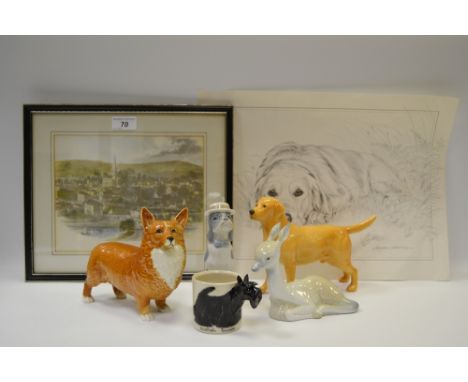 A Beswick Corgi; Beswick Labrador; after Pollyanna Pickering Labrador; 19th century lithograph of Bakewell; etc 