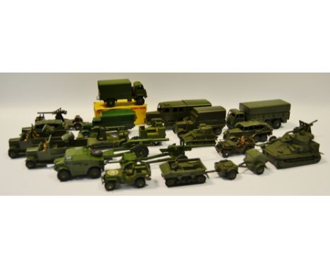 Dinky Toys military vehicles including 688 Artillery Tractor, 687 Gun Trailer, 689 Field Gun, 692 Medium Gun, 6693 Howitzer, 
