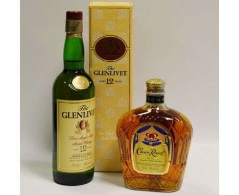 A bottle of Glenlivet 12 year single malt scotch whisky, boxed; a Crown Royal De Luxe Canadian whisky (2) 