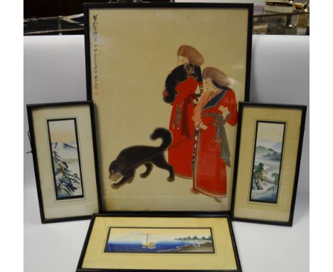 Oriental SchoolValley Sceneswatercolour on paper (2);another coastal scene;a print, two Oriental ladies and a dog (4)