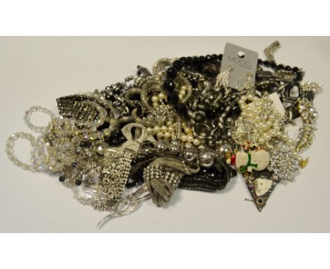 Costume Jewellery - a watch parts brooch; three strand black jet effect beaded necklace; others, snake chains, simulated pear