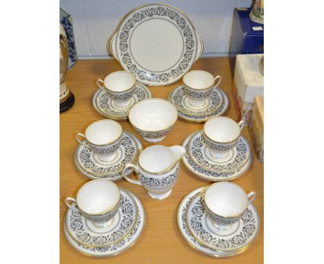 A Shelley part tea service for 6, black Grecian scroll pattern