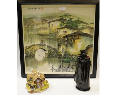 Ceramics - a Lilliput Lane cottage Chatsworth View; another Sandland Liquor flask; a Maoshan - mixed media, The Bridge,signed