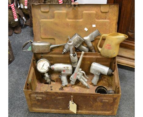 Mechanics tools including Chicago Pneumatic air guns; air pressure gauge; oiling cans; metal box.