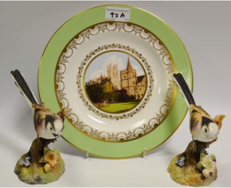 A pair of Royal Crown Derby bird models, Long Tailed Tits, signed, first quality; a Royal Crown Derby John Betjeman plate (3)