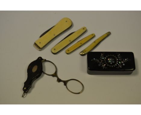 A 19th century tortoiseshell pair of folding spectacles c.1890; a Victorian snuff box c.1880, etc 