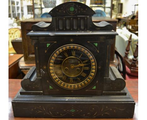 A Belge Noir black slate mantel clock by Edouard Serin, architectural pediment gilt Roman numerals, open escapement, plinth b