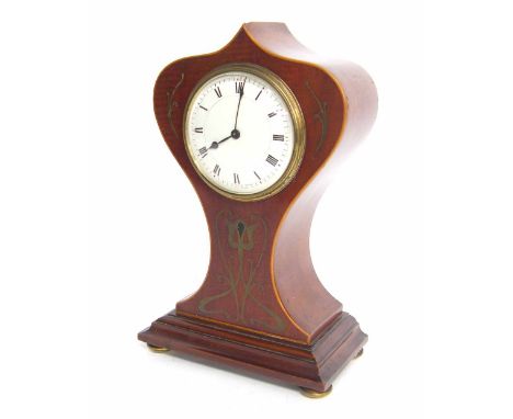 Good small mahogany inlaid mantel clock timepiece with platform escapement, the 3.5" white convex dial within an Art Nouveau 