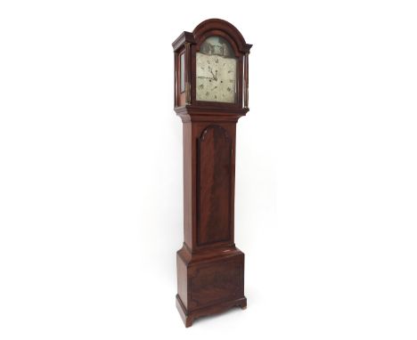 Good mahogany eight day automata longcase clock, the 12" silvered arched dial with a painted automata scene depicting badmint