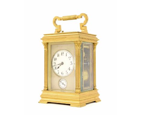 Good Henri Jacot repeater alarm carriage clock, the movement back plate bearing the maker's trademark logo and striking with 